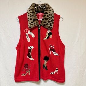 VTG Merry & Bright Red Christmas Sweater Vest Size PXL Shoes Beaded Ugly Holiday